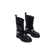 Dr. Martens women’s black leather ankle boots with silver buckles and chunky soles