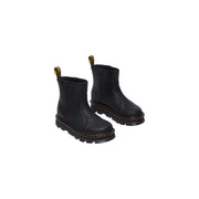Dr Martens women’s black leather ankle boots showing the back side with signature stitching and heel loop