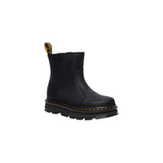 Black leather ankle boots for women by dr martens shown from the back side highlighting the design and material