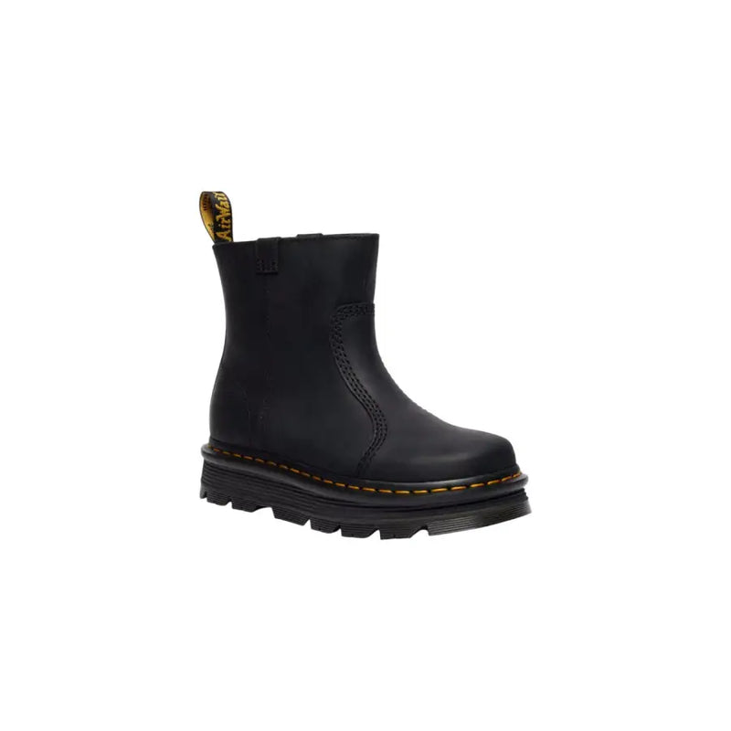 Black leather ankle boots for women by dr martens shown from the back side highlighting the design and material