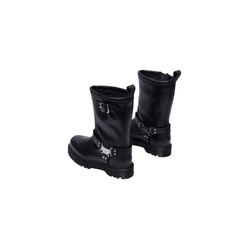 Dr martens women’s black leather motorcycle ankle boots with silver buckle accents and chunky rubber sole