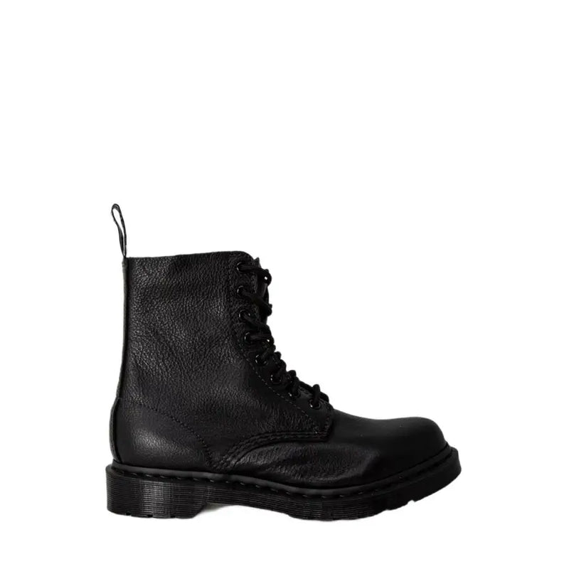 Black leather dr martens women’s boots shown from the back side highlighting their durable leather material