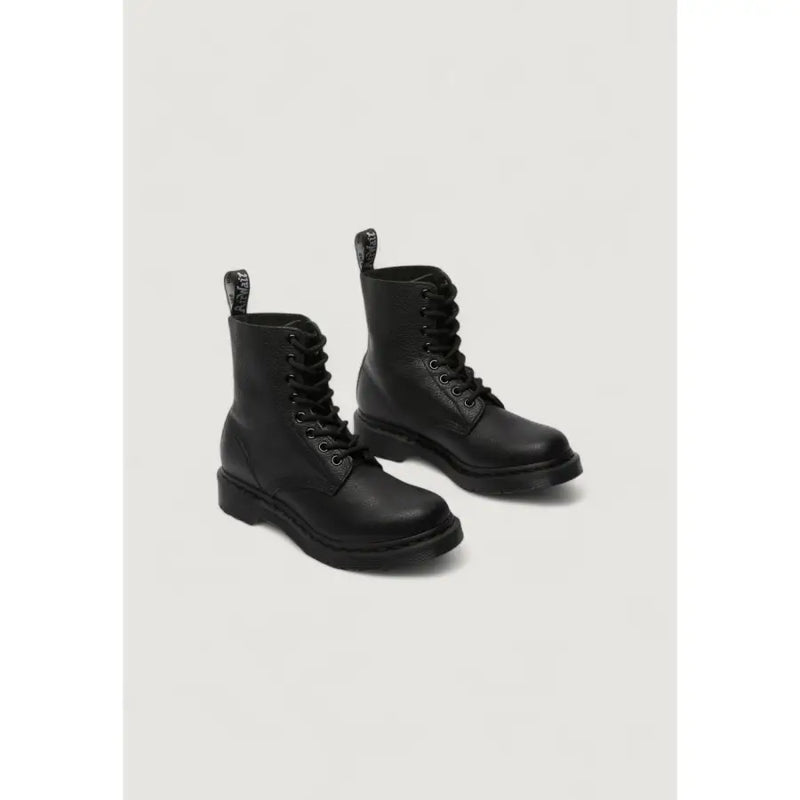 Dr Martens women’s black leather boots showing the back side with signature heel loop and sturdy sole