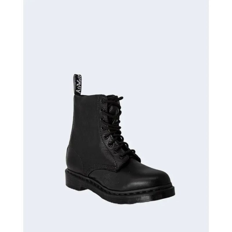 Dr Martens women’s black leather boots showing the back side with smooth leather finish and durable sole