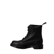 Dr Martens women’s black leather boots shown from the back side highlighting durable leather material