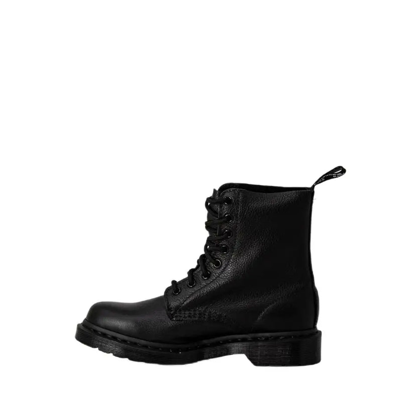 Dr Martens women’s black leather boots shown from the back side highlighting durable leather material