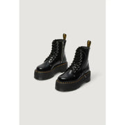Black leather lace-up boots by dr martens for women showing front view with detailed stitching and laces