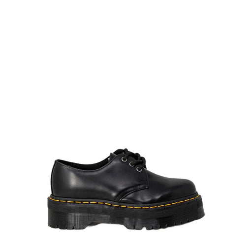 Dr Martens women’s black leather platform lace up shoes with yellow stitching and chunky sole