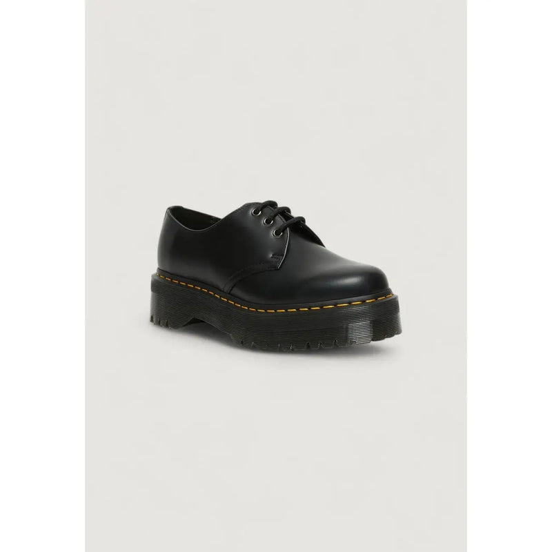 Dr martens women’s black leather lace up shoes shown from the back side with smooth leather finish