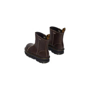 Dark brown leather ankle boots for women by dr martens shown from the back side with sturdy design