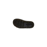Black rubber sole with textured tread and molded heel counter on dr martens womens brown leather ankle boots back view