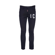 Dsquared Schwarze Slim-Fit-Jeans für Herren mit weißem „IC“-Schriftzug am Oberschenkel und rotem Etikett am Bund, Vorderansicht