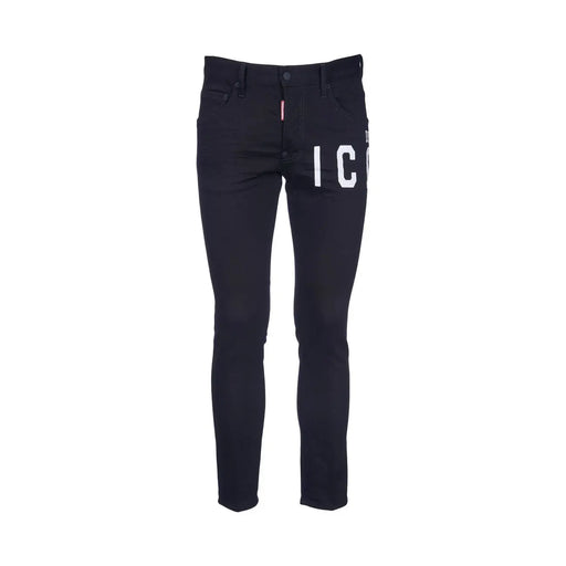 Dsquared Schwarze Slim-Fit-Jeans für Herren mit weißem „IC“-Schriftzug am Oberschenkel und rotem Etikett am Bund, Vorderansicht