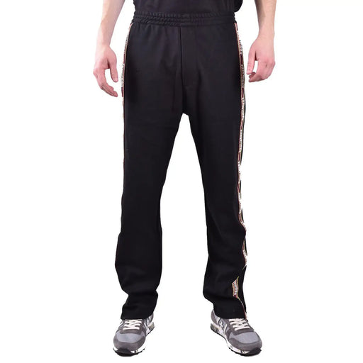 Dsquared men black cotton blend athletic track pants with textured side stripe featuring repeating text and logo details