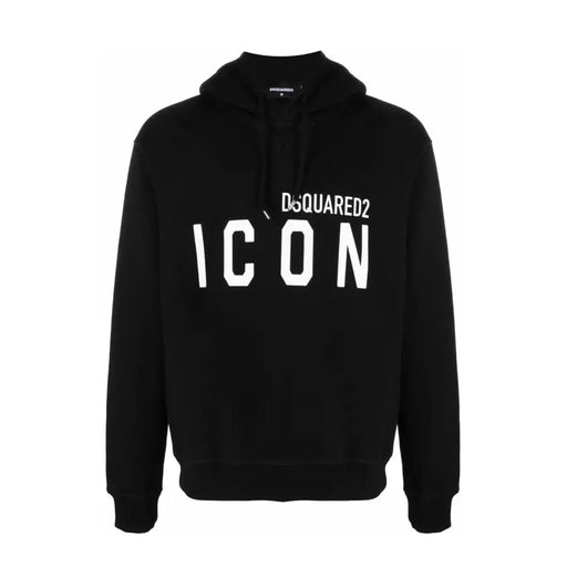 Black Dsquared2 Icon hoodie displayed on Dsquared Men Black Cotton Hooded Fall Winter Sweatshirt