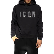 Dsquared Herren Baumwoll-Hoodie-Sweatshirt schwarz mit icon Auf Brust und Hals ist es mit funkelnden Strasssteinen prangt.