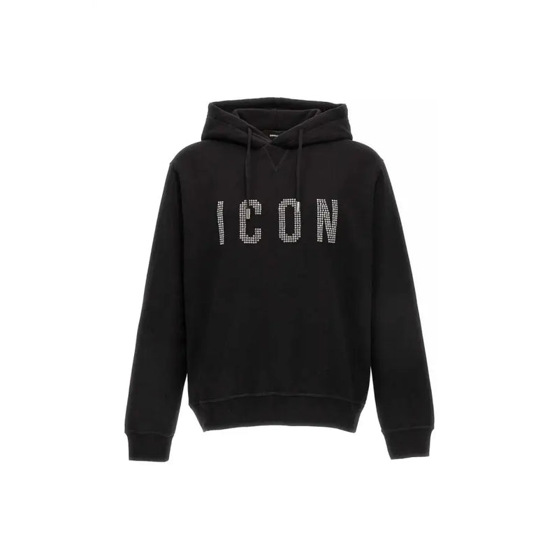 Dsquared Herren schwarzer Baumwoll-Hoodie mit weißen Pailletten icon Schriftzug und Rundhalsausschnitt