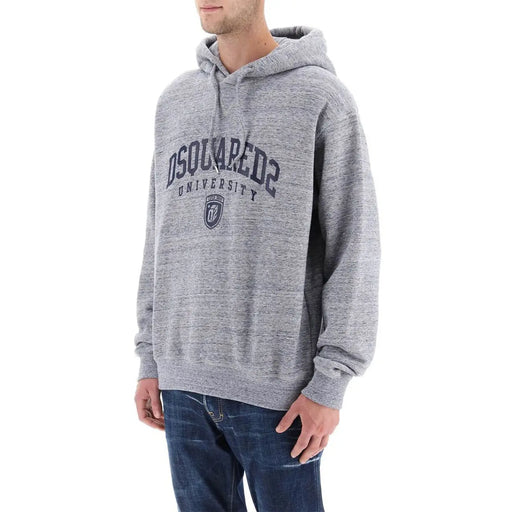 Dsquared men grey hooded cotton sweatshirt with gray heathered fabric and dark gray arched university logo lettering