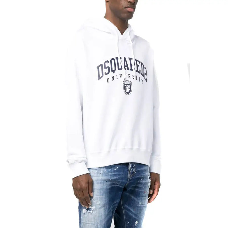 Sweat à capuche blanc en coton dsquared2 pour homme, avec inscription et logo dsquared2 University bleu marine sur le devant