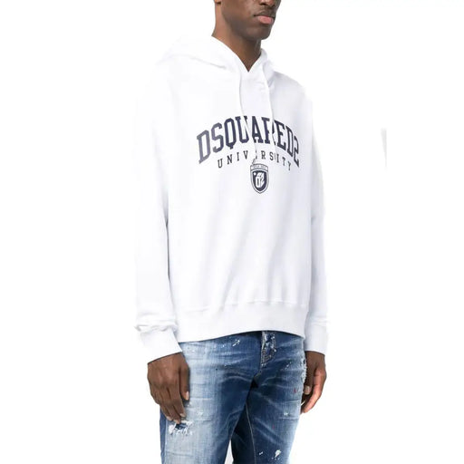 Weißer dsquared2 Herren-Hoodie aus Baumwolle mit marineblauem dsquared2-Universitäts-Schriftzug und -Logo auf der Vorderseite
