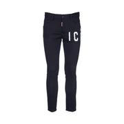 Black slim-fit Dsquared men jeans with bold white ic lettering and red waistband tag for fall winter wear B44373