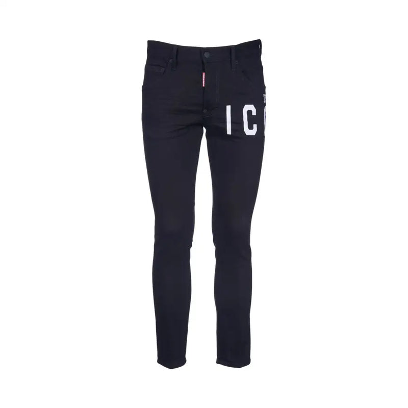 Black slim-fit Dsquared men jeans with bold white ic lettering and red waistband tag for fall winter wear B44373