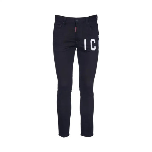 Black slim-fit Dsquared men jeans with bold white ic lettering and red waistband tag for fall winter wear B44373