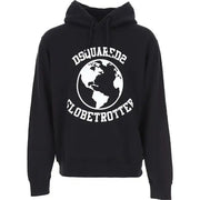 Black Dsquared2 men sweatshirt hoodie with bold white globe graphic and globetrotter text on the back side