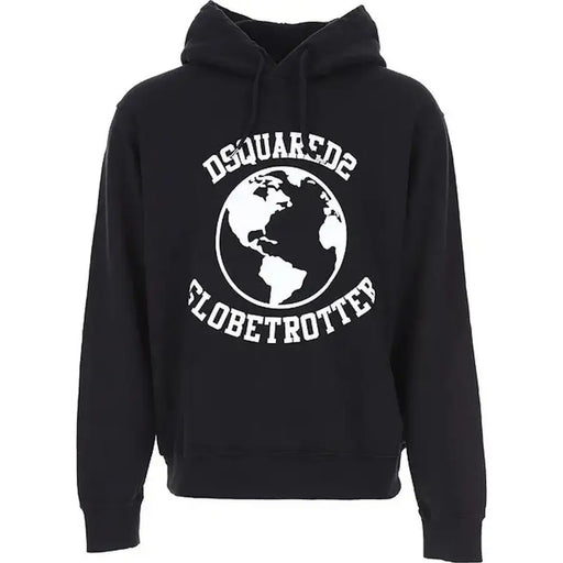 Schwarzer Dsquared2 Herren-Sweatshirt-Hoodie mit auffälliger weißer Globus-Grafik und Globetrotter-Schriftzug auf der Rückseite