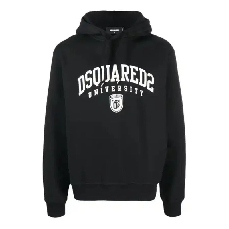 Schwarzer Dsquared2 Herren-Sweatshirt-Hoodie mit weißer, geschwungener Schrift und Schildlogo auf der Vorderseite