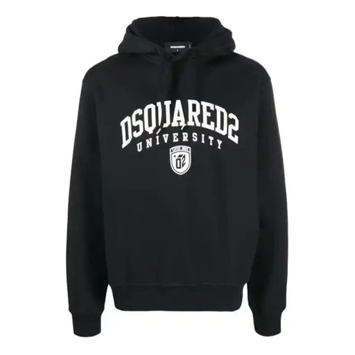 Schwarzer Dsquared2 Herren-Sweatshirt-Hoodie mit weißer, geschwungener Schrift und Schildlogo auf der Vorderseite