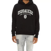 Schwarzer dsquared2 Herren-Hoodie mit weißem dsquared2 Universitäts-Bogenlogo und Schildemblem auf der Vorderseite