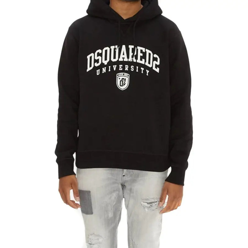 Schwarzer dsquared2 Herren-Hoodie mit weißem dsquared2 Universitäts-Bogenlogo und Schildemblem auf der Vorderseite