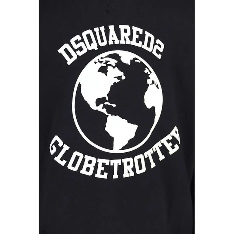 Black Dsquared men sweatshirt with bold white globe graphic and globetrotter lettering on the back side