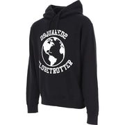 Black Dsquared2 men sweatshirt hoodie with bold white globe graphic and Dsquared2 globetrotter text on the back side