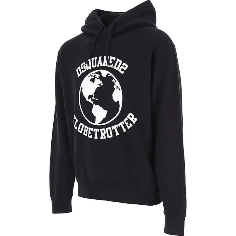 Black Dsquared2 men sweatshirt hoodie with bold white globe graphic and Dsquared2 globetrotter text on the back side