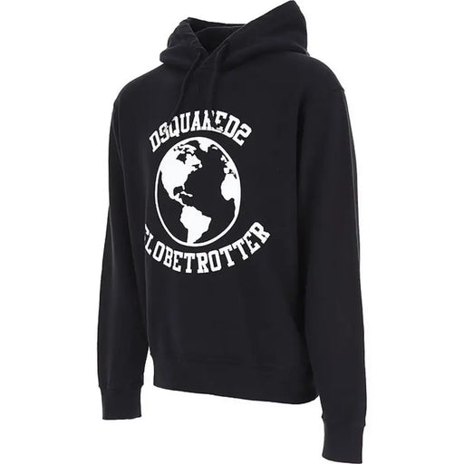 Schwarzer Dsquared2 Herren-Sweatshirt-Hoodie mit auffälliger weißer Globus-Grafik und Dsquared2 Globetrotter-Schriftzug auf der Rückseite