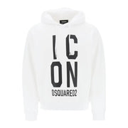 Weißer Dsquared2 Herren-Sweatshirt-Hoodie mit kräftigem Schwarz icon Schriftzug und Markenname unten auf der Vorderseite