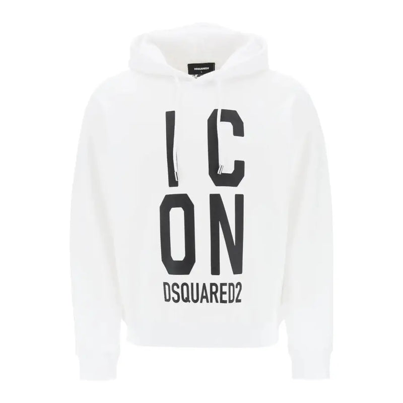 Weißer Dsquared2 Herren-Sweatshirt-Hoodie mit kräftigem Schwarz icon Schriftzug und Markenname unten auf der Vorderseite