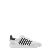 Dsquared men white leather slip on sporty sneaker featuring black stripes and heel tab shown from the back side