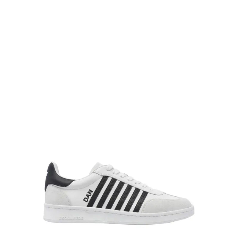 Dsquared men white leather slip on sporty sneaker featuring black stripes and heel tab shown from the back side