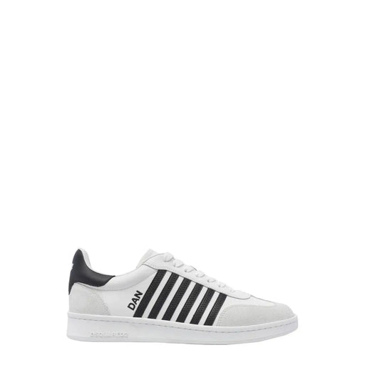 Dsquared men white leather slip on sporty sneaker featuring black stripes and heel tab shown from the back side