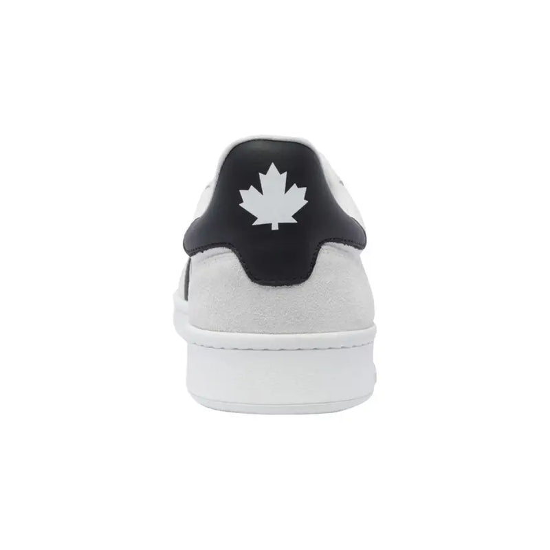 Dsquared men white leather slip on sporty sneakers with white suede and black heel tab featuring maple leaf logo