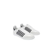 Dsquared men white leather slip on sporty sneakers featuring black stripes and a sleek minimalist design