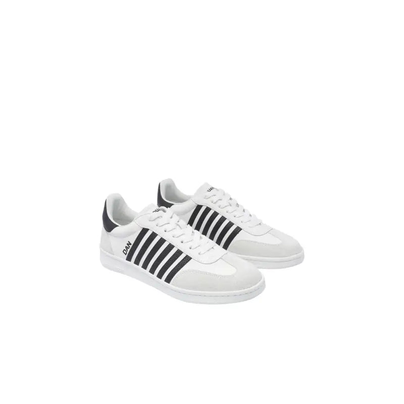 Dsquared men white leather slip on sporty sneakers featuring black stripes and a sleek minimalist design