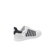 Back view of dsquared men white leather slip on sporty sneaker with black stripes and maple leaf logo on heel