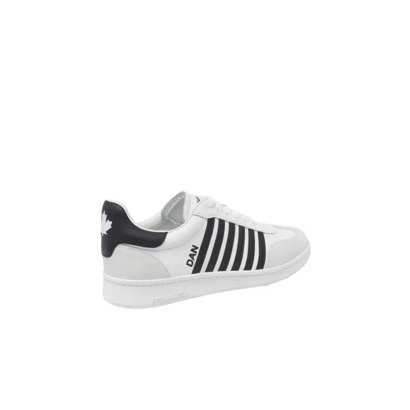 Back view of dsquared men white leather slip on sporty sneaker with black stripes and maple leaf logo on heel