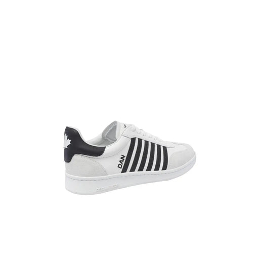 Back view of dsquared men white leather slip on sporty sneaker with black stripes and maple leaf logo on heel