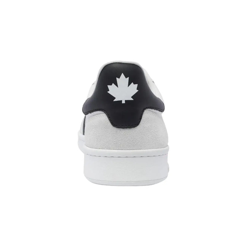 Dsquared men white leather slip on sporty sneakers with white suede and black heel tab featuring maple leaf logo