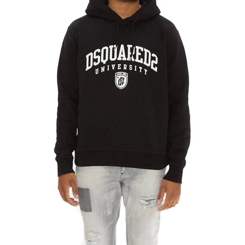 Dsquared Schwarzer Herren-Kapuzenpullover aus Baumwolle mit weißem Dsquared2 University-Logo und Schildemblem auf der Vorderseite